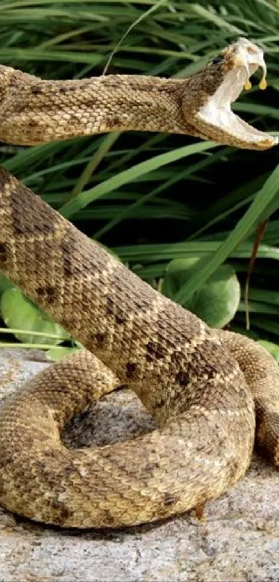 Coiled brown snake poised on rock with green plants in background.