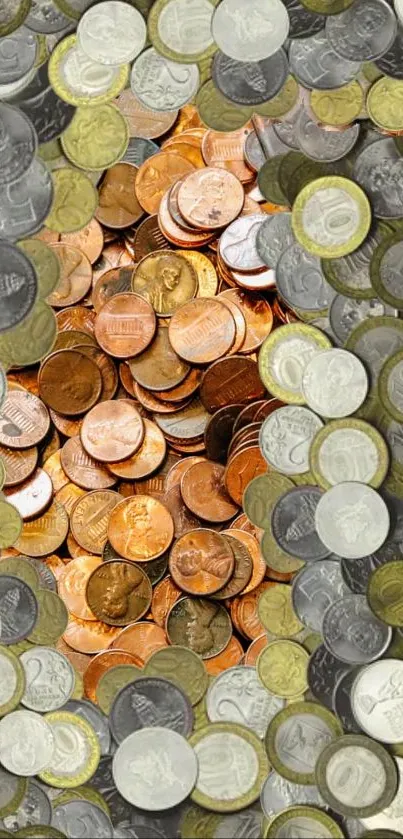 A vibrant display of assorted copper and silver coins forming a unique phone wallpaper.