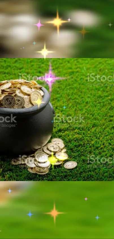 Pot of gold coins on green grass with sparkling accents.