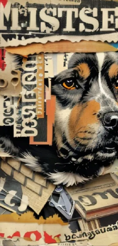 Collage art wallpaper featuring a dog's face with newspaper cuttings.