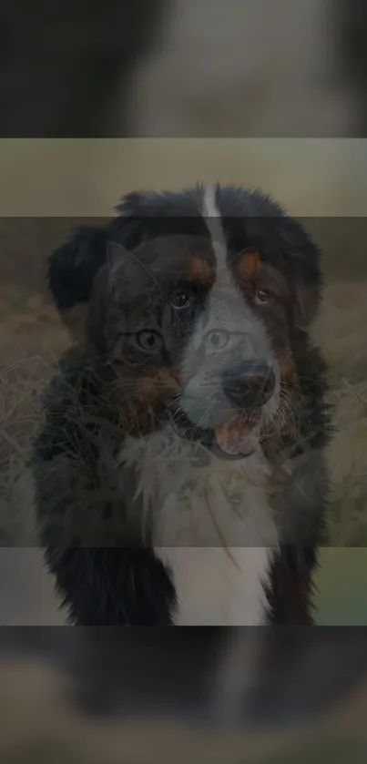 Phone wallpaper featuring a cat and dog collage in a field.