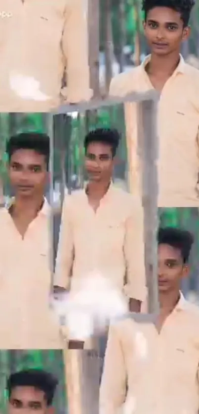 Collage of a young man outdoors with a beige shirt and natural background.