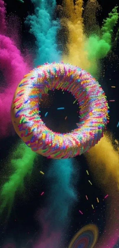 Vibrant abstract ring with colorful bursts on black background.