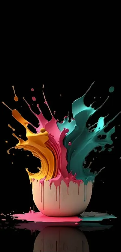 Vibrant color splash art on black background with pink, turquoise, and yellow paint.