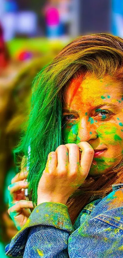 Woman with colorful powder on face, vibrant festival vibe.