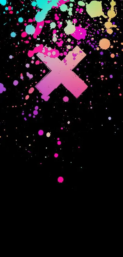 A vibrant splash of colors on a black background with a central pink 'X'.