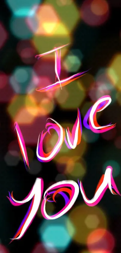 Colorful 'I Love You' text with glowing hexagonal bokeh pattern.