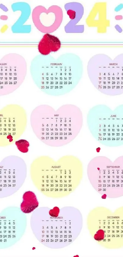 Pastel heart-shaped 2024 calendar wallpaper with colorful monthly designs.