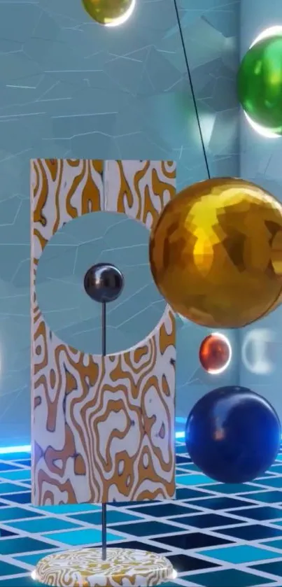 3D abstract art with colorful spheres and geometric shapes.