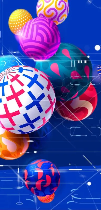 Bright colorful 3D spheres on a blue digital background for mobile wallpaper.