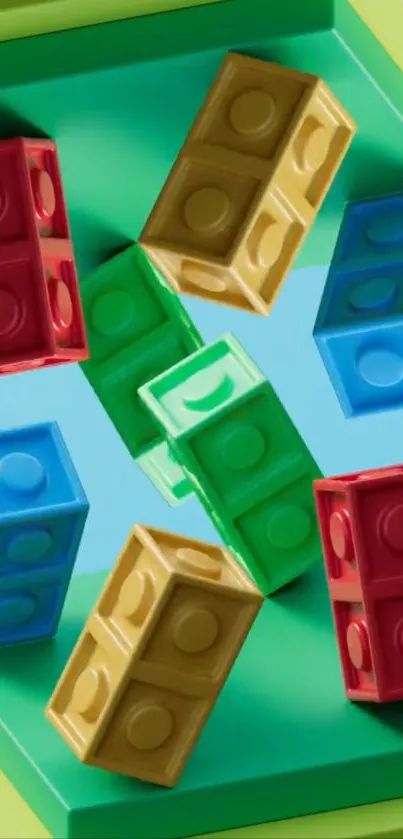 3D colorful blocks in geometric pattern.