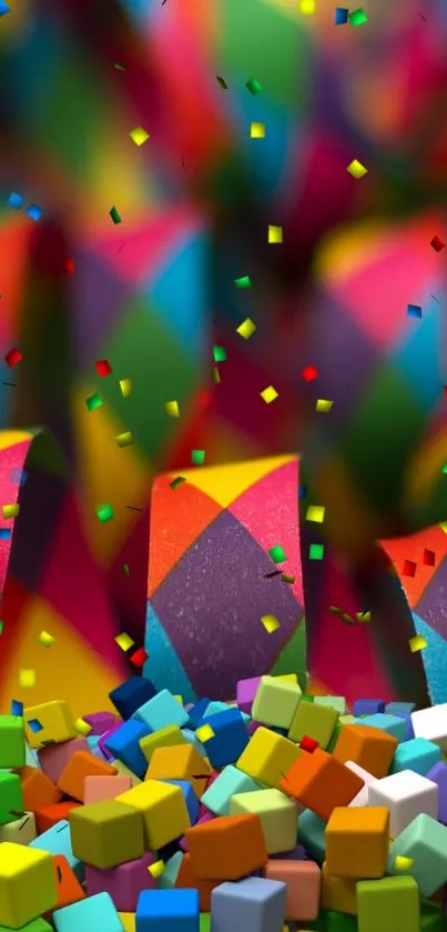 Vibrant 3D block wallpaper with a colorful confetti background.