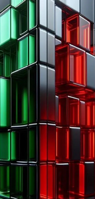 3D blocks wallpaper in red and green hues.