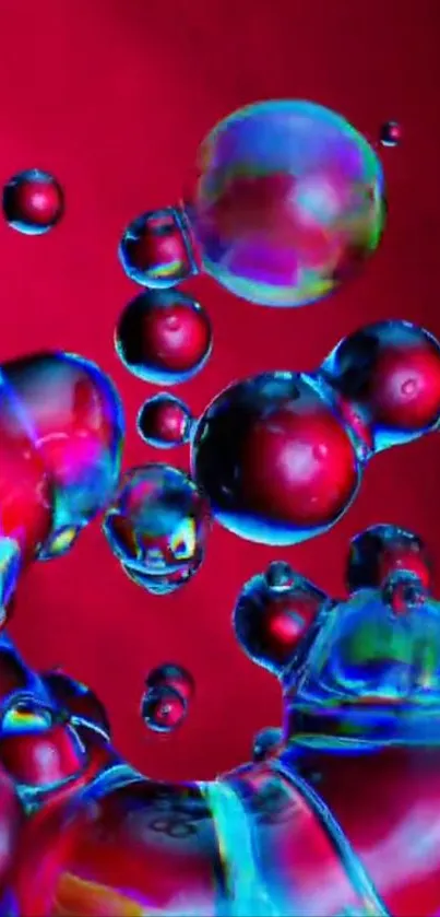 3D colorful bubbles on a crimson background, creating vibrant abstract art on mobile wallpaper.