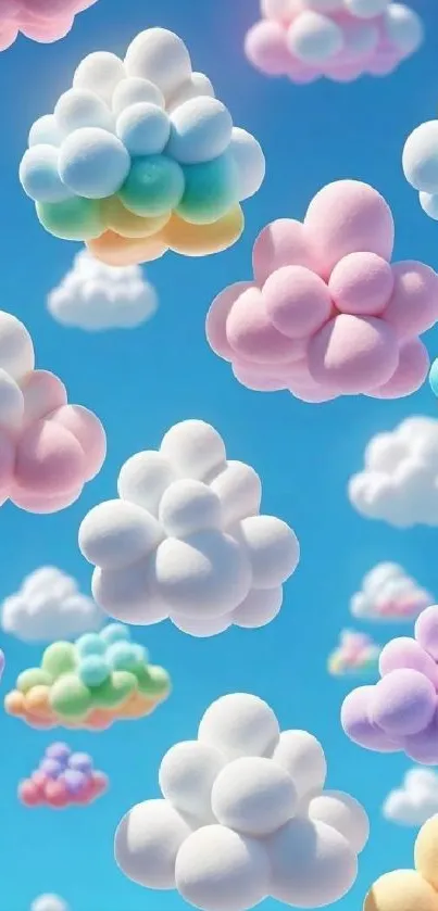 Colorful 3D clouds float in a blue sky, creating a vibrant and cheerful phone wallpaper.