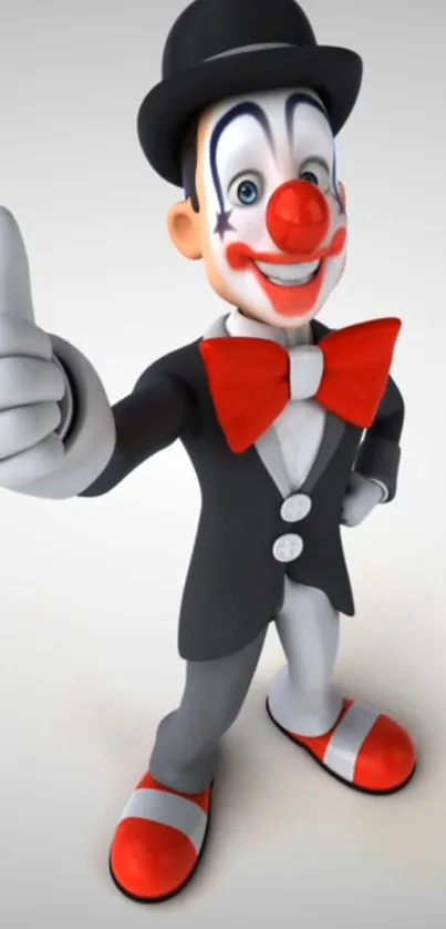 3D clown with red bowtie and hat, thumb up.