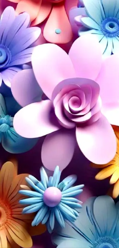 Vibrant 3D floral wallpaper with colorful petals and intricate flower designs.