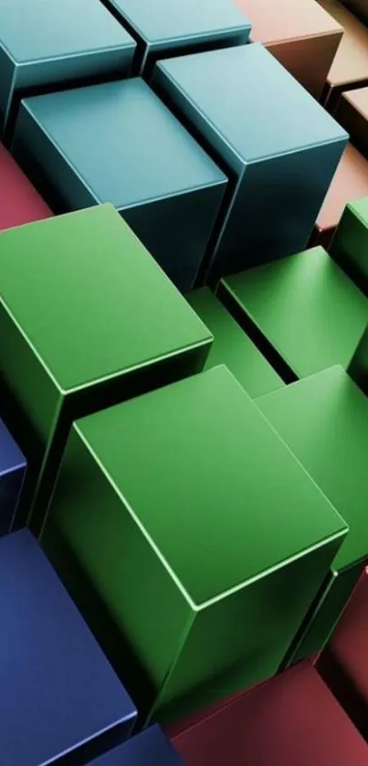 Colorful 3D geometric blocks with vibrant green hues.