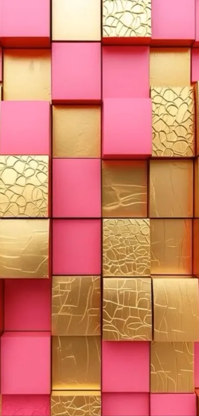 3D geometric blocks wallpaper with pink and gold texture.