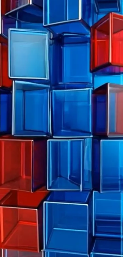 3D geometric cubes in red and blue hues creating an abstract pattern.