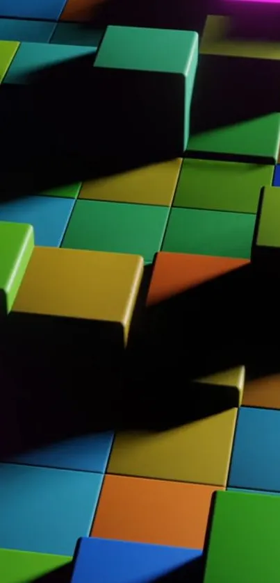 Colorful 3D blocks in geometric arrangement on wallpaper.