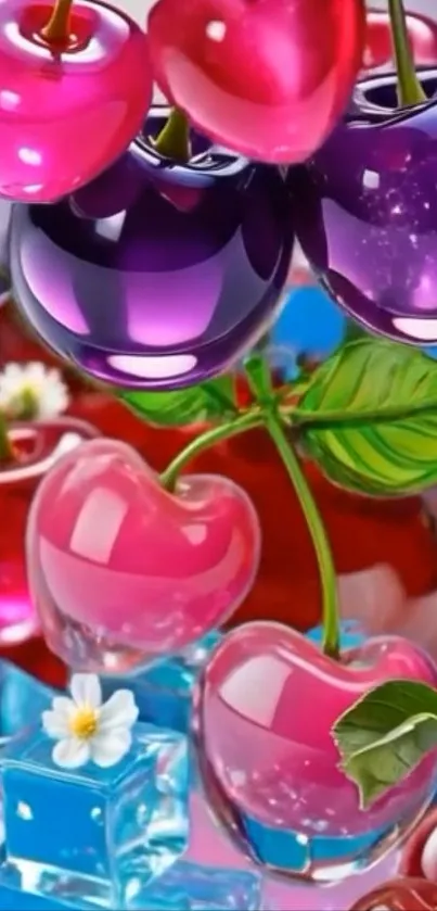 3D glass fruits in vibrant colors with a purple dominant hue.