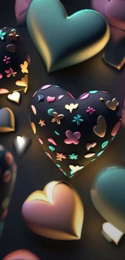 3D hearts with colorful floral patterns on black background.