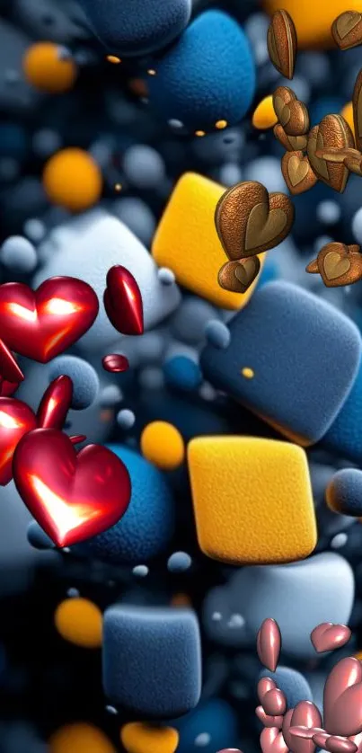 Colorful 3D hearts and cubes in a vibrant wallpaper design.