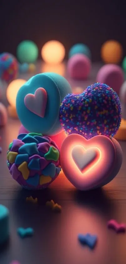 Colorful 3D heart designs on a mobile wallpaper.