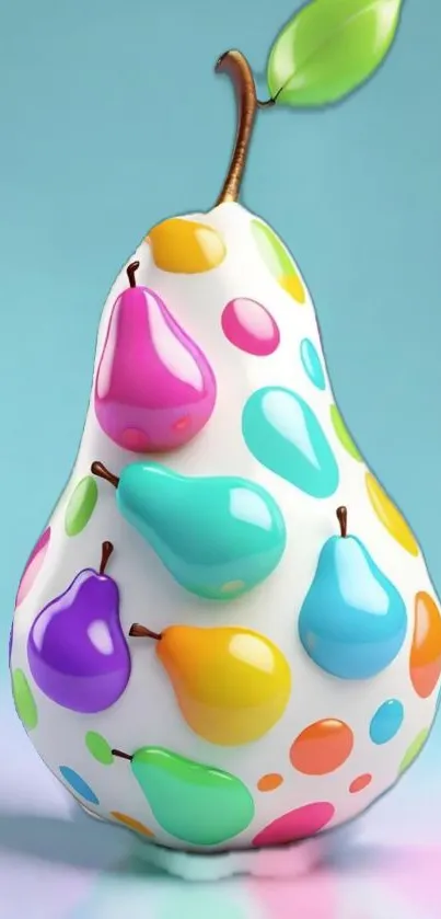 Colorful 3D pear with vibrant droplets on a light blue background.