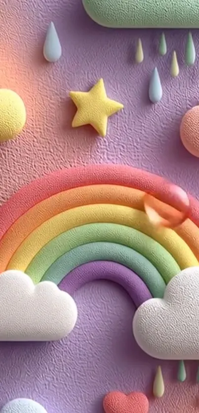 Colorful 3D rainbow with clouds and star on a purple background.