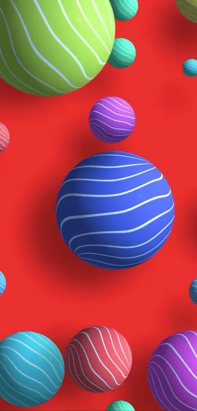 Colorful 3D spheres with red background.