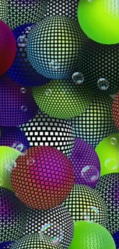 Vibrant 3D digital spheres wallpaper with colorful patterns and geometric design.