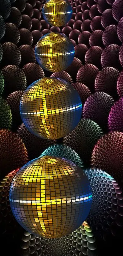 Colorful 3D spheres with golden glow on a textured background.