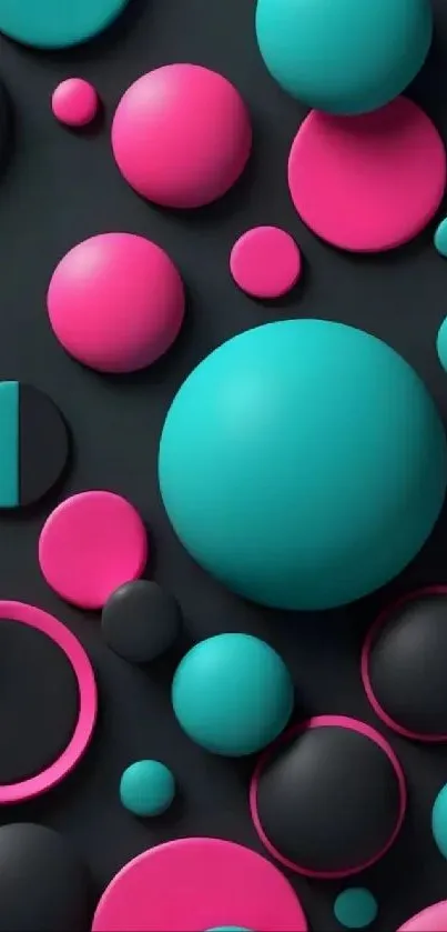 Colorful 3D abstract spheres wallpaper with black, teal, and pink.