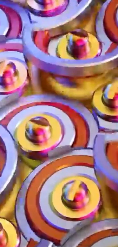 Colorful 3D spiral design with purple, orange, and yellow hues.