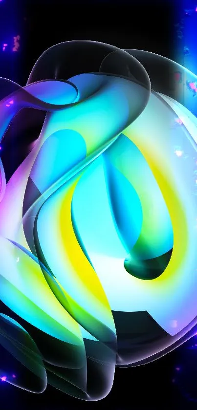 Colorful abstract 3D design with fluid shapes on a dark background.