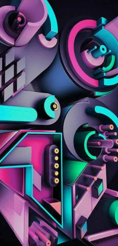 Colorful 3D geometric shapes with neon hues on a dark background.