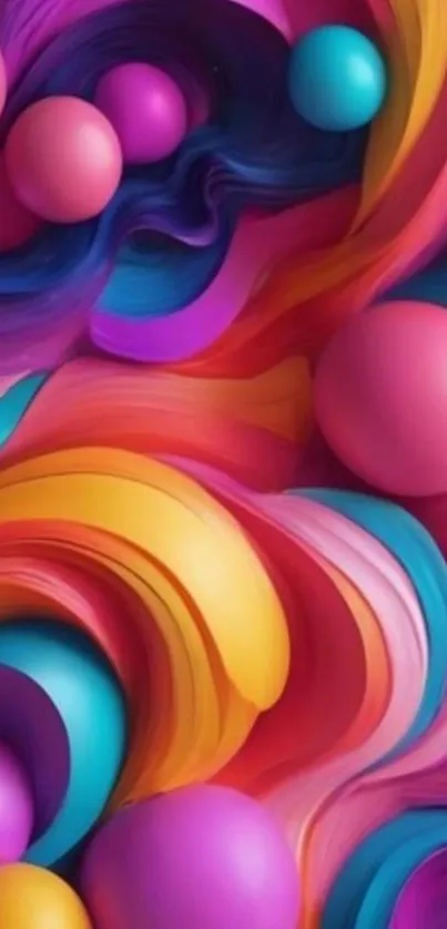 Colorful abstract 3D spheres and swirls wallpaper.