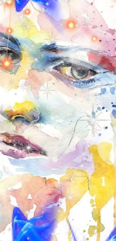 Colorful abstract watercolor portrait of a face with vibrant hues.