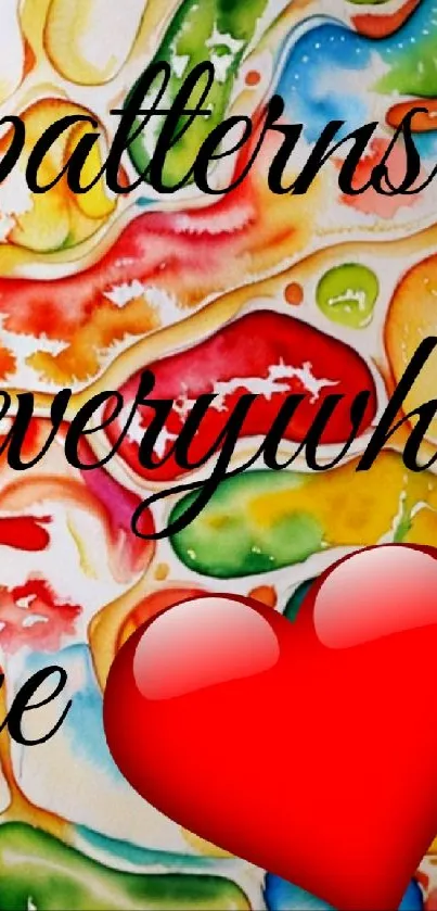 Vibrant abstract pattern wallpaper with red heart and colorful designs.
