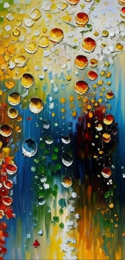 Colorful abstract art wallpaper with blue, yellow, red hues and droplet patterns.