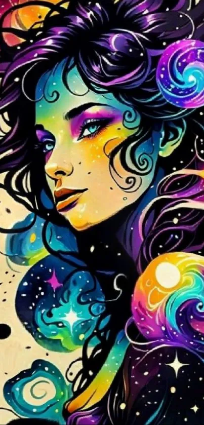 Vibrant abstract wallpaper of a colorful female with cosmic elements.