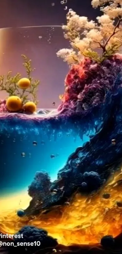 Abstract colorful art with dynamic colors in a glass vase.