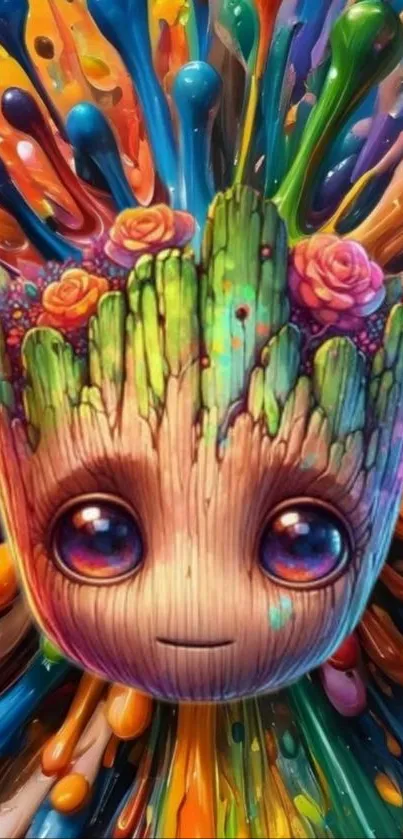 Colorful abstract art with cartoon face and vibrant splashes.