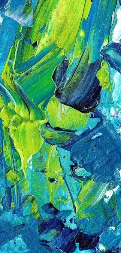 Vibrant abstract art wallpaper with blue and green brushstrokes.