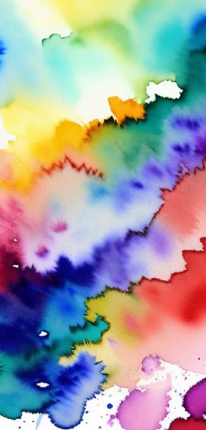 Vibrant abstract watercolor splashes in rainbow hues, perfect for mobile wallpaper.