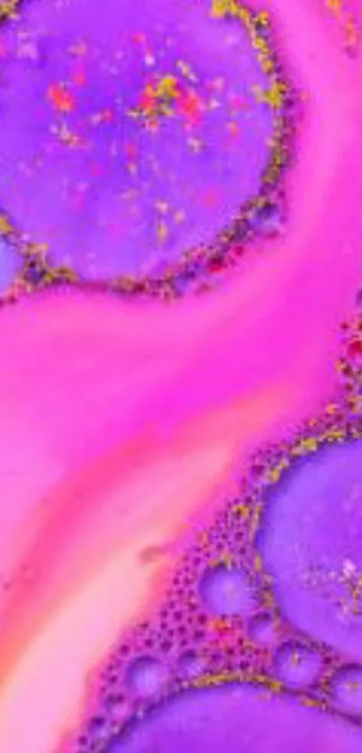 Vibrant pink and purple abstract art with bubbles on phone wallpaper.