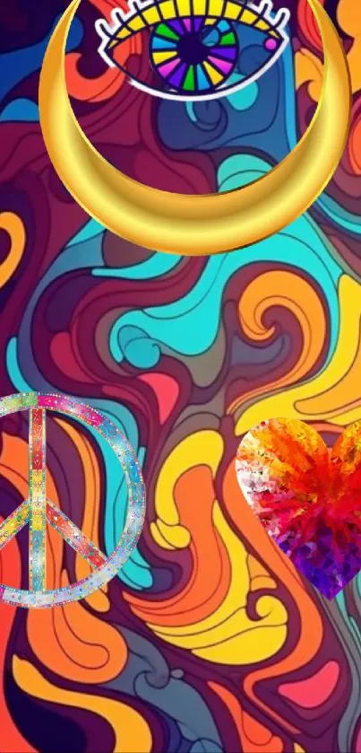 Vibrant abstract wallpaper with eye, peace, and heart symbols in colorful swirls.