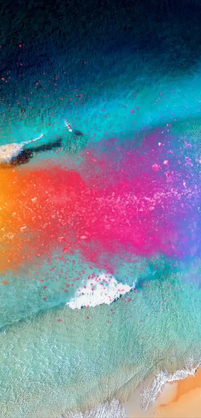 Colorful abstract beach scene with vibrant rainbow colors.